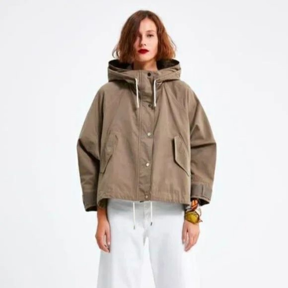 ZARA Oversized Cropped Lightweight Hooded Jacket Olive Green XS